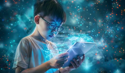 Children engaging with AI technology in an educational setting